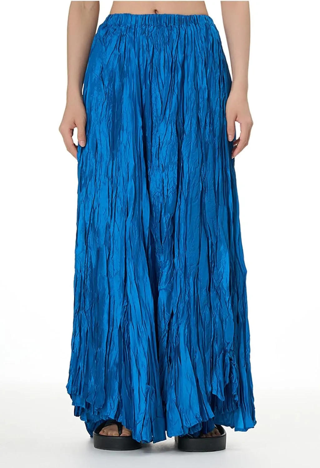 CHARTOU Boho Maxi Skirt for Women A Line Skirt Pleated Long Flowy Skirt Summer Elastic Waist Wrinkle Beach Skirt