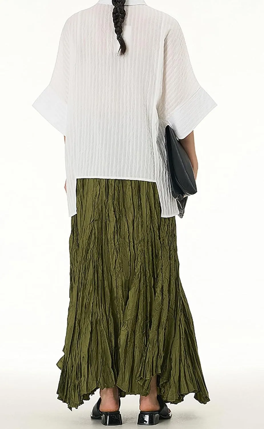 CHARTOU Boho Maxi Skirt for Women A Line Skirt Pleated Long Flowy Skirt Summer Elastic Waist Wrinkle Beach Skirt