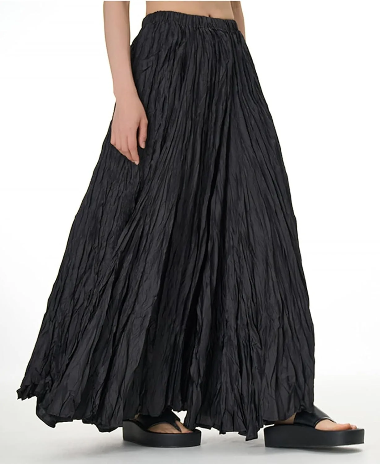 CHARTOU Boho Maxi Skirt for Women A Line Skirt Pleated Long Flowy Skirt Summer Elastic Waist Wrinkle Beach Skirt