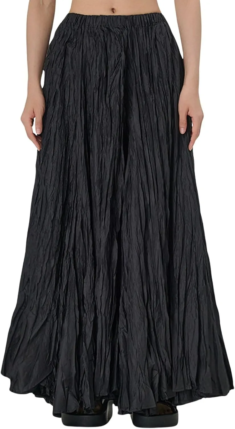 CHARTOU Boho Maxi Skirt for Women A Line Skirt Pleated Long Flowy Skirt Summer Elastic Waist Wrinkle Beach Skirt