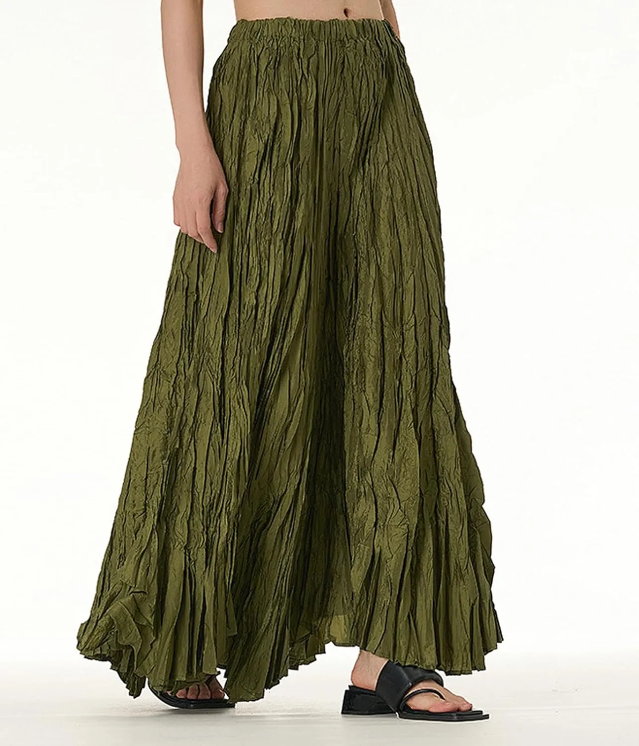 CHARTOU Boho Maxi Skirt for Women A Line Skirt Pleated Long Flowy Skirt Summer Elastic Waist Wrinkle Beach Skirt