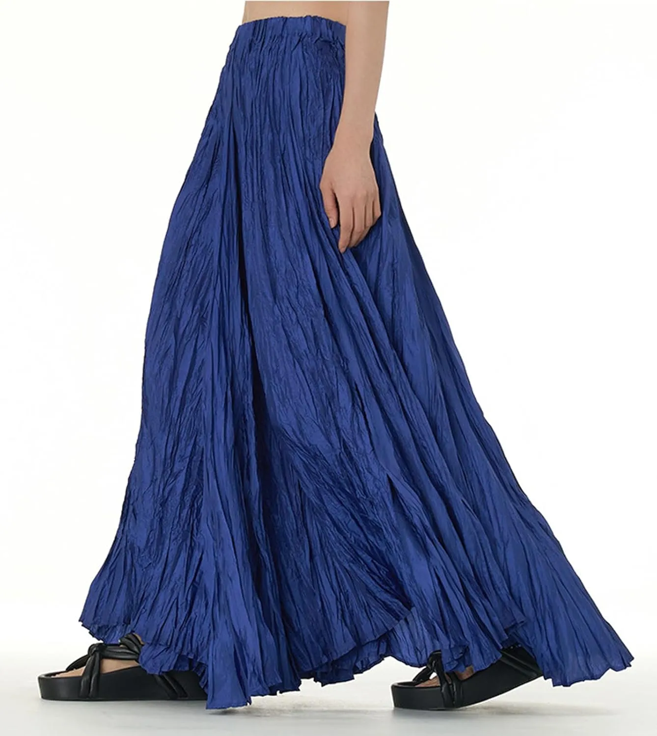 CHARTOU Boho Maxi Skirt for Women A Line Skirt Pleated Long Flowy Skirt Summer Elastic Waist Wrinkle Beach Skirt