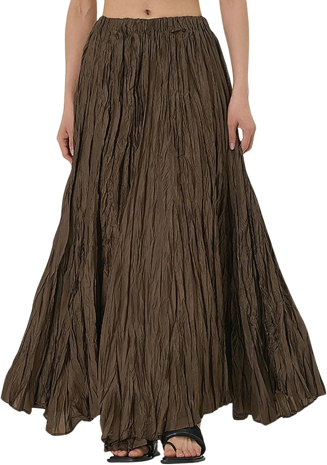 CHARTOU Boho Maxi Skirt for Women A Line Skirt Pleated Long Flowy Skirt Summer Elastic Waist Wrinkle Beach Skirt