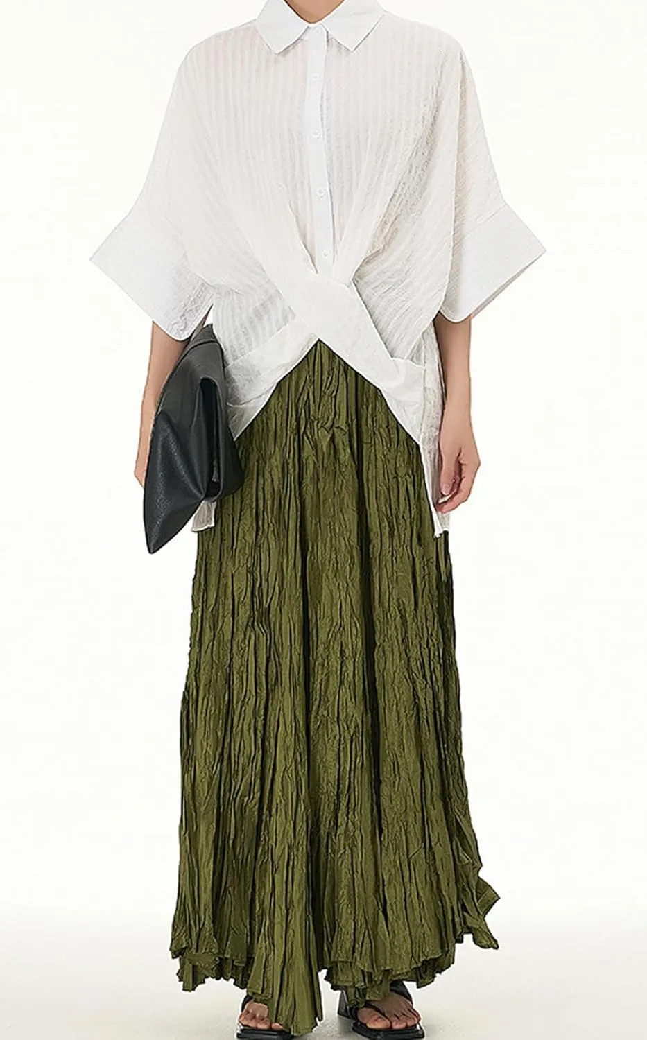 CHARTOU Boho Maxi Skirt for Women A Line Skirt Pleated Long Flowy Skirt Summer Elastic Waist Wrinkle Beach Skirt