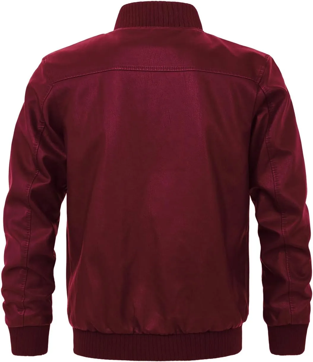 chouyatou Men's Essential Sports Zip Lightweight Pu Leather Varsity Bomber Jacket