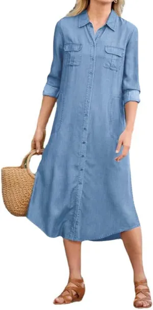 chouyatou Women's Summer Casual Denim Shirt Dress Loose Fit Button Down Midi Long Tunic Jean Dress