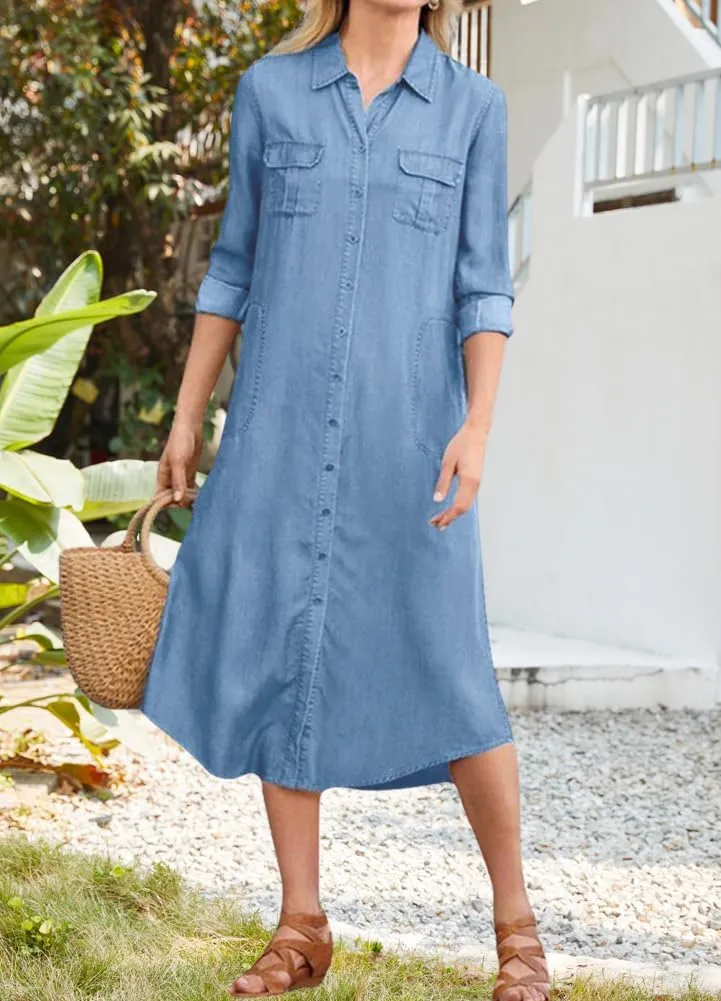 chouyatou Women's Summer Casual Denim Shirt Dress Loose Fit Button Down Midi Long Tunic Jean Dress