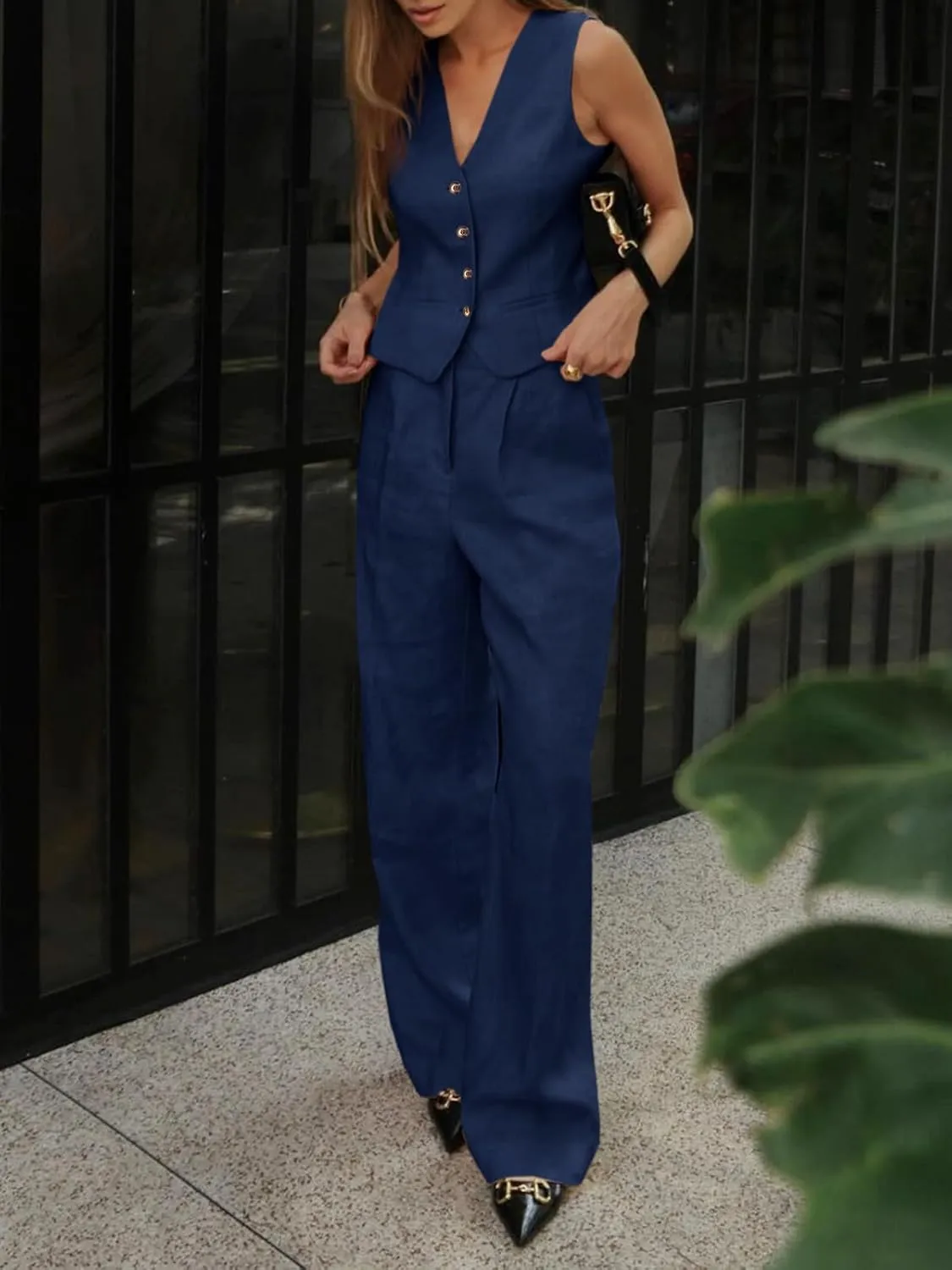 Cicy Bell Women's 2 Piece Outfits Crop Vest and Wide Leg Suit Pants Sets V Neck Blazer Suit