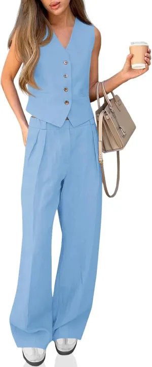 Cicy Bell Women's 2 Piece Outfits Crop Vest and Wide Leg Suit Pants Sets V Neck Blazer Suit