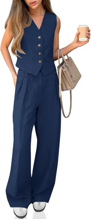 Cicy Bell Women's 2 Piece Outfits Crop Vest and Wide Leg Suit Pants Sets V Neck Blazer Suit