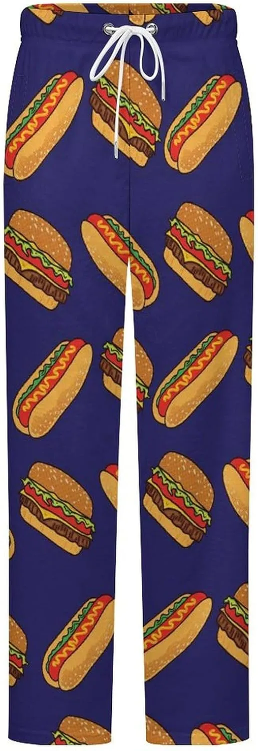 Colorful Hotdogs And Hamburgers Flannel Pajama Pants Women Long Lounge Pants Comfy Pj Bottom with Drawstring Belt Sleepwear