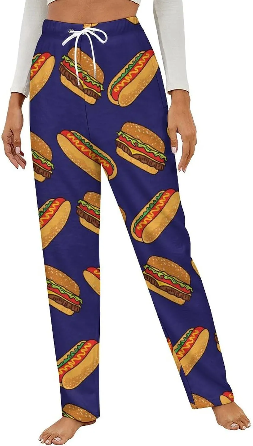 Colorful Hotdogs And Hamburgers Flannel Pajama Pants Women Long Lounge Pants Comfy Pj Bottom with Drawstring Belt Sleepwear