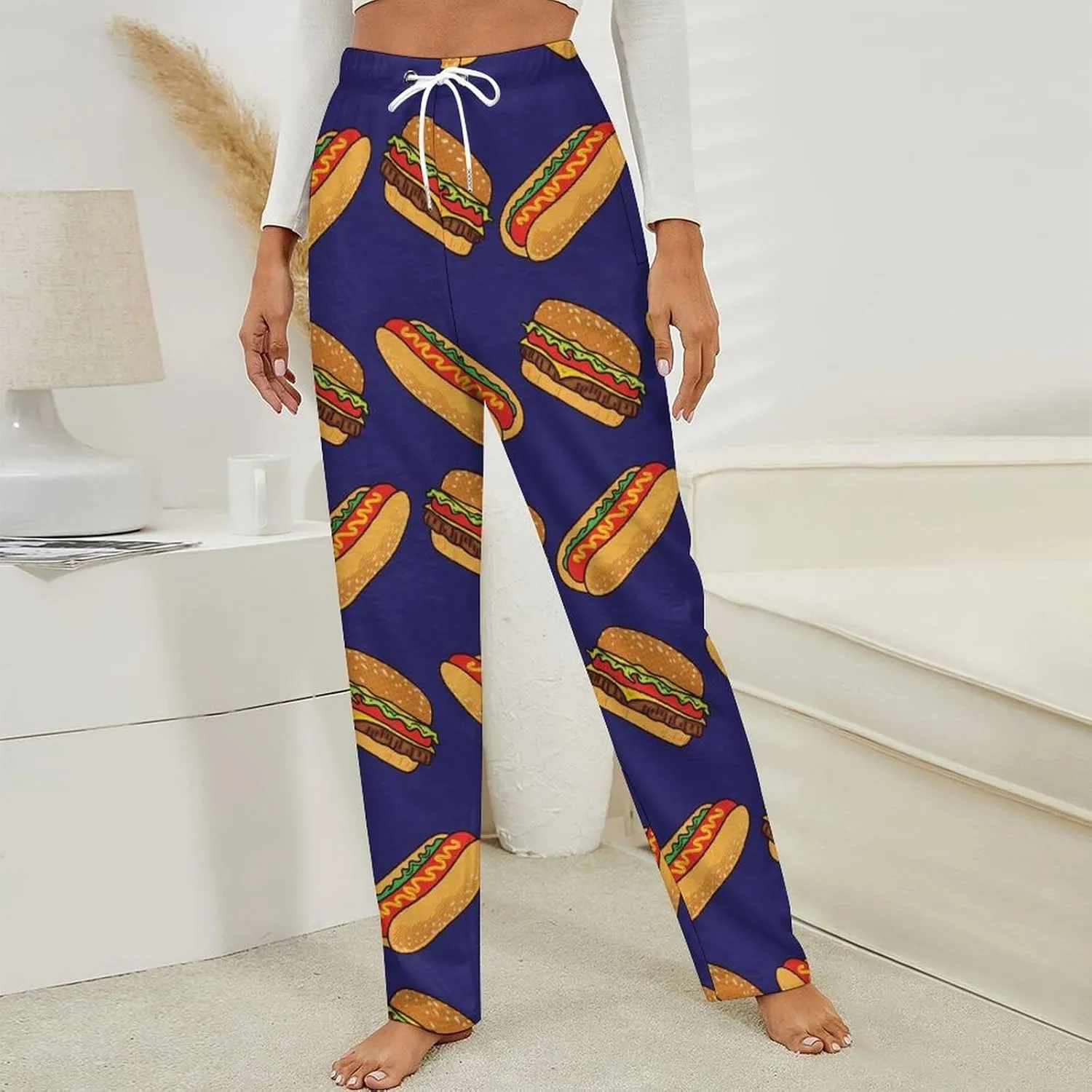 Colorful Hotdogs And Hamburgers Flannel Pajama Pants Women Long Lounge Pants Comfy Pj Bottom with Drawstring Belt Sleepwear