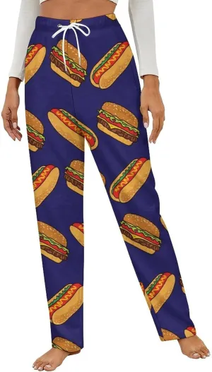 Colorful Hotdogs And Hamburgers Flannel Pajama Pants Women Long Lounge Pants Comfy Pj Bottom with Drawstring Belt Sleepwear