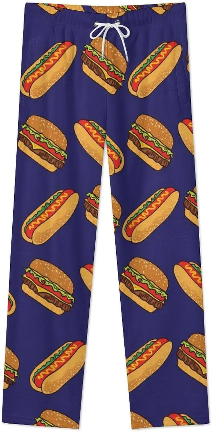 Colorful Hotdogs And Hamburgers Flannel Pajama Pants Women Long Lounge Pants Comfy Pj Bottom with Drawstring Belt Sleepwear
