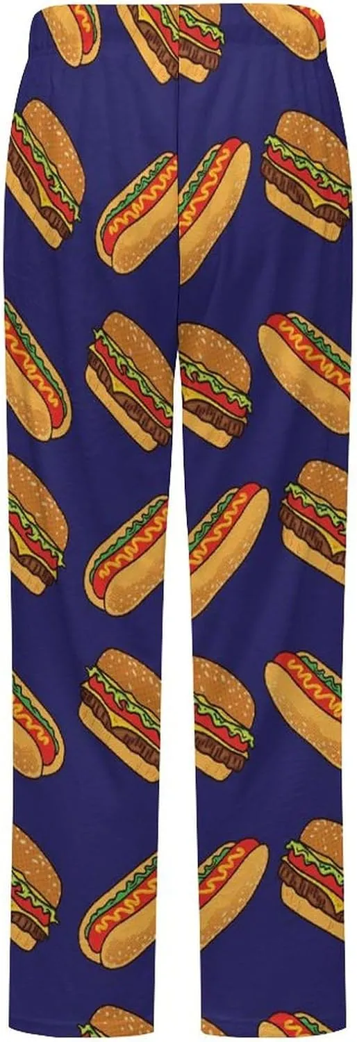 Colorful Hotdogs And Hamburgers Flannel Pajama Pants Women Long Lounge Pants Comfy Pj Bottom with Drawstring Belt Sleepwear