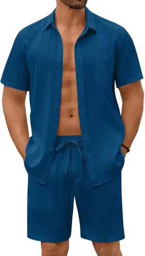 COOFANDY Mens Beach Outfits 2 Piece Sets Casual Short Sleeve Button Down Summer Textured Shirt