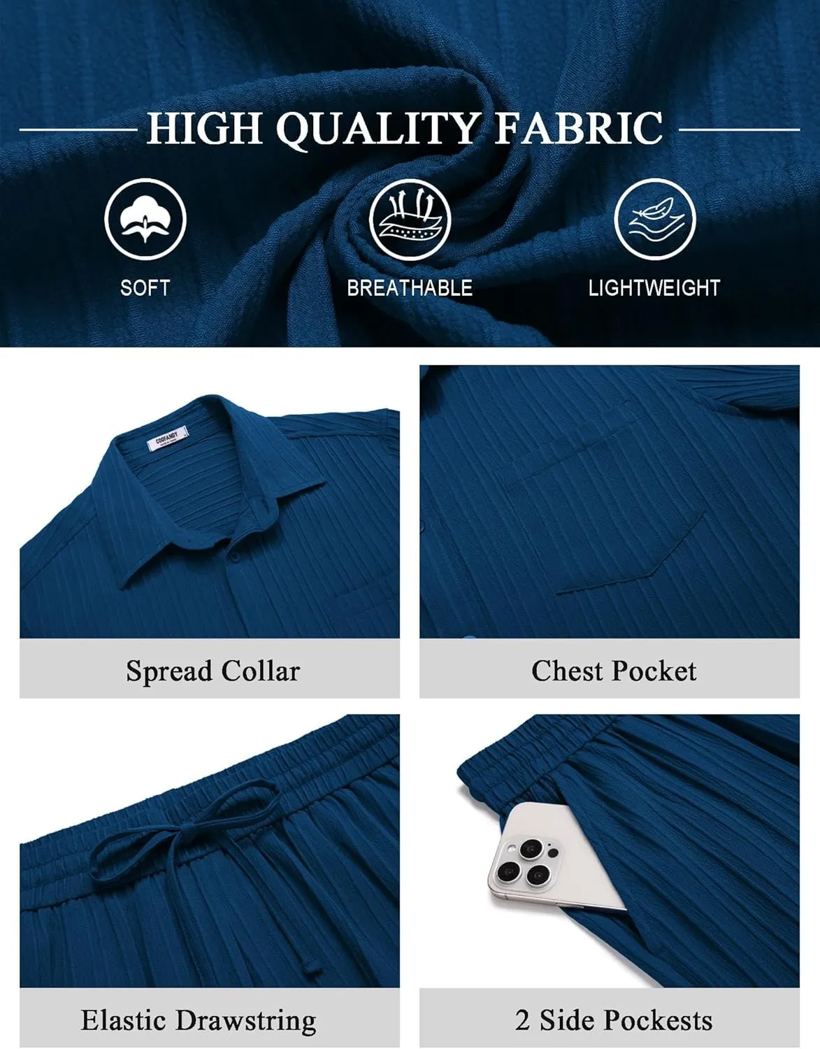 COOFANDY Mens Beach Outfits 2 Piece Sets Casual Short Sleeve Button Down Summer Textured Shirt