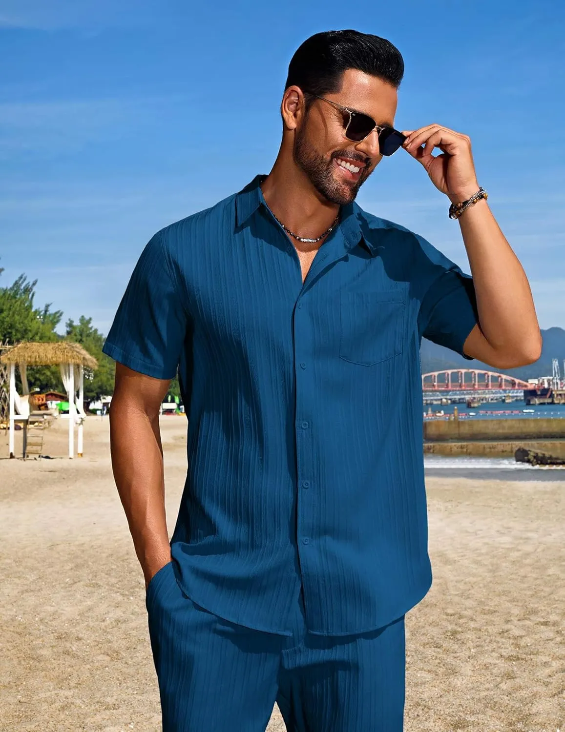 COOFANDY Mens Beach Outfits 2 Piece Sets Casual Short Sleeve Button Down Summer Textured Shirt