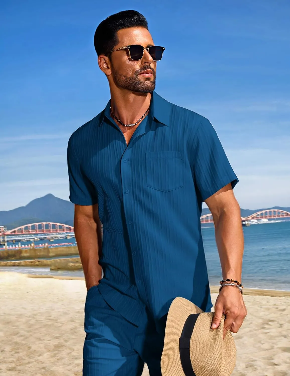 COOFANDY Mens Beach Outfits 2 Piece Sets Casual Short Sleeve Button Down Summer Textured Shirt