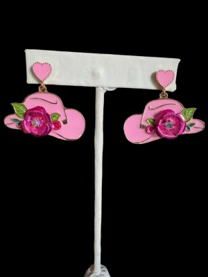 Cowgirl Hat Earrings with Floral Accent  Pink or White Enamel