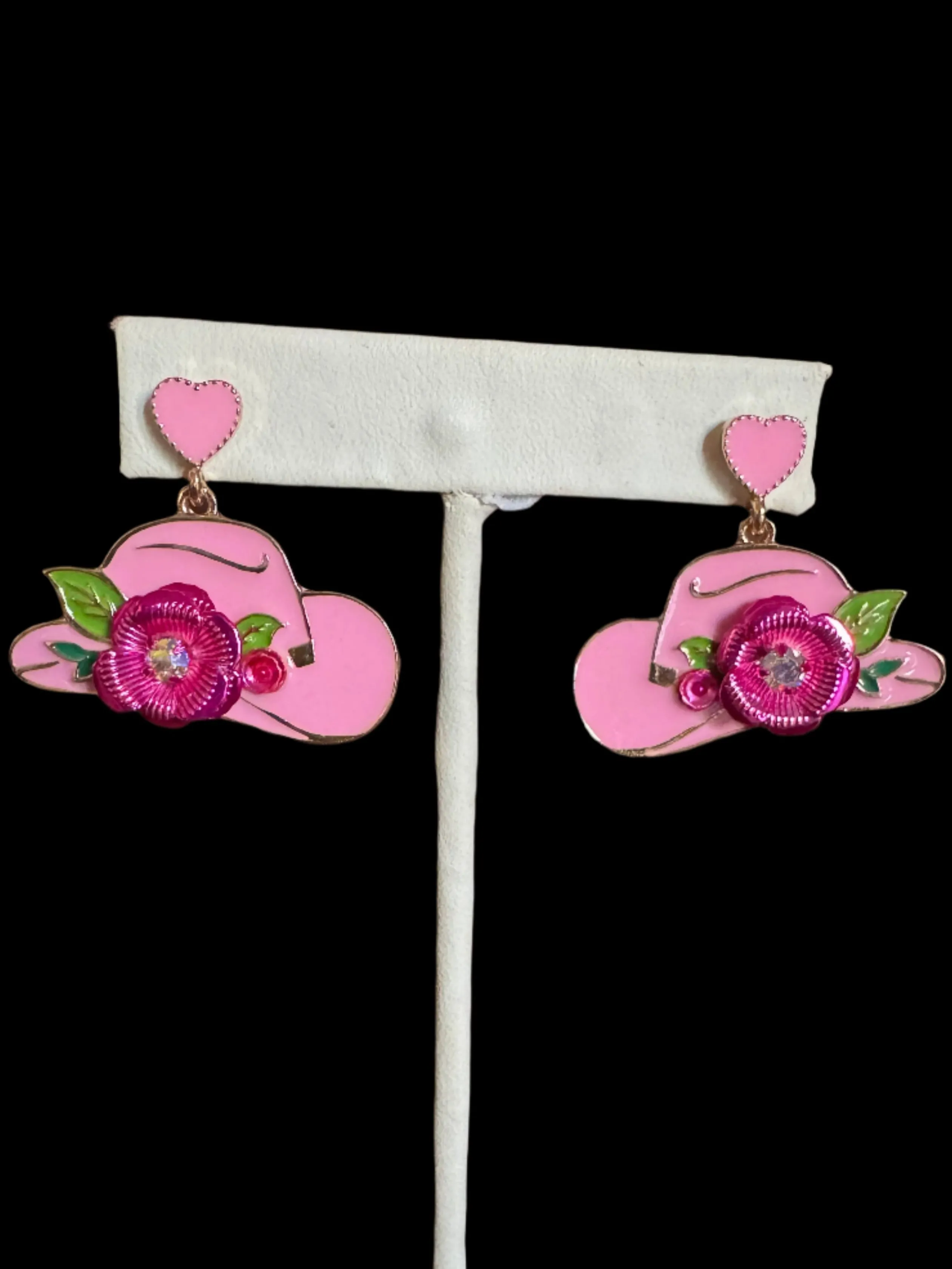 Cowgirl Hat Earrings with Floral Accent  Pink or White Enamel