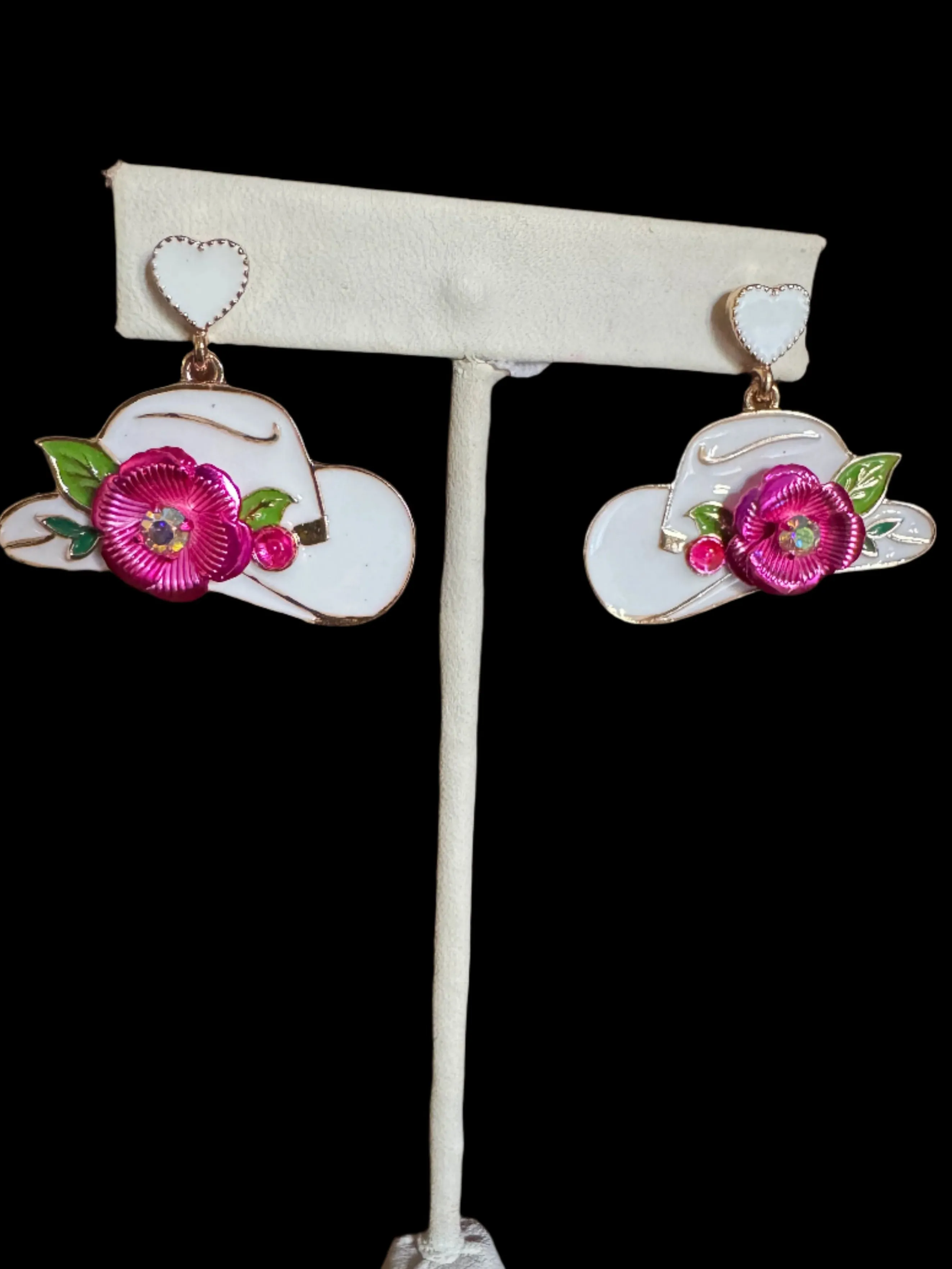 Cowgirl Hat Earrings with Floral Accent  Pink or White Enamel