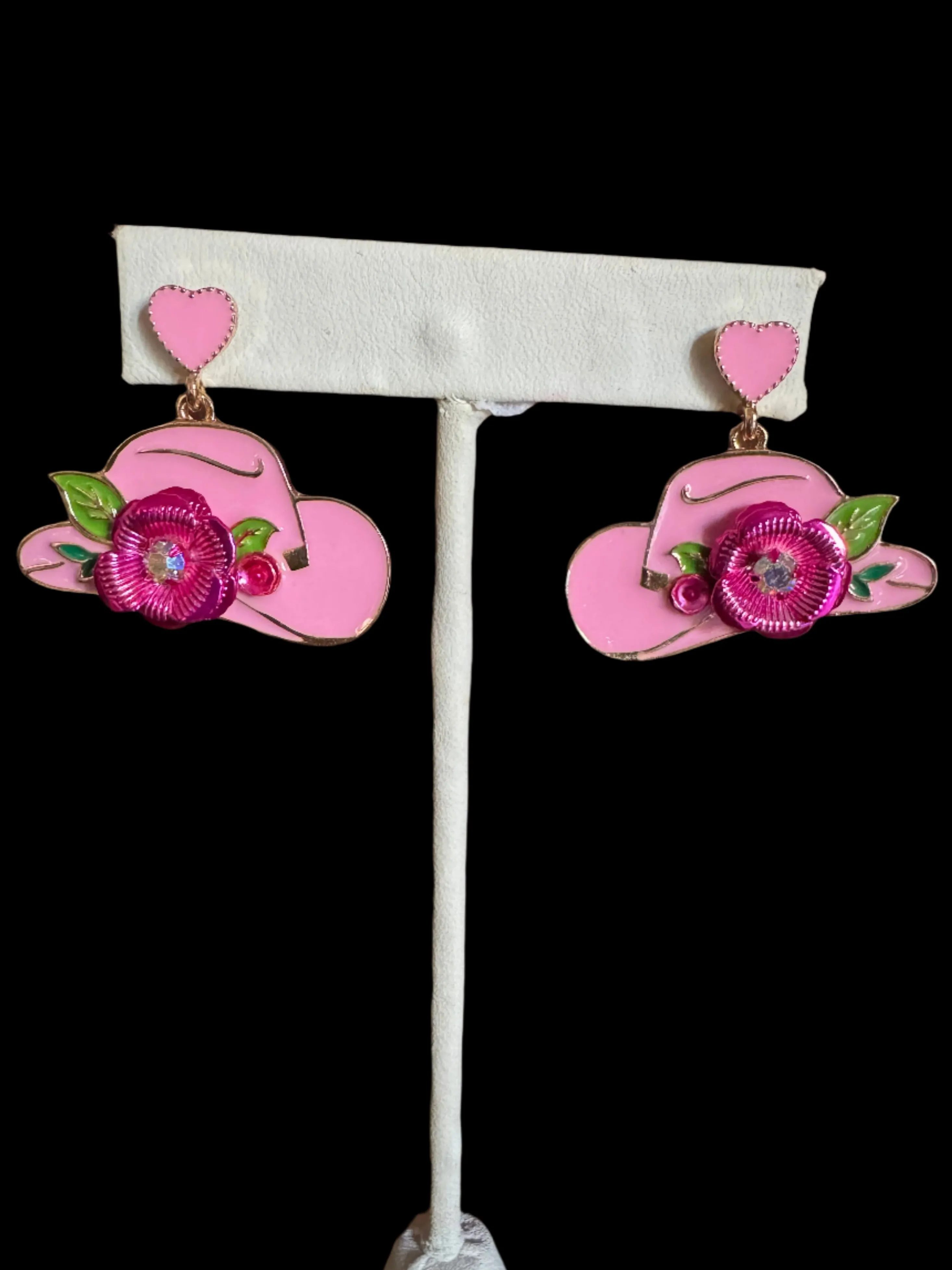 Cowgirl Hat Earrings with Floral Accent  Pink or White Enamel