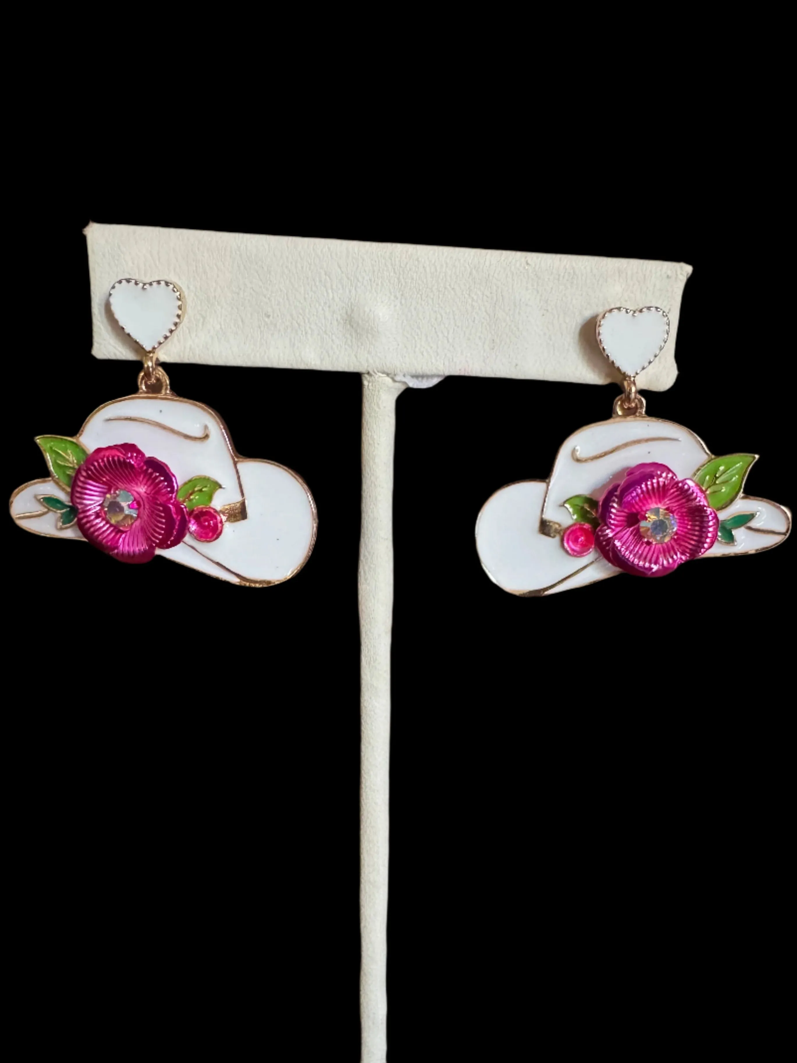 Cowgirl Hat Earrings with Floral Accent  Pink or White Enamel