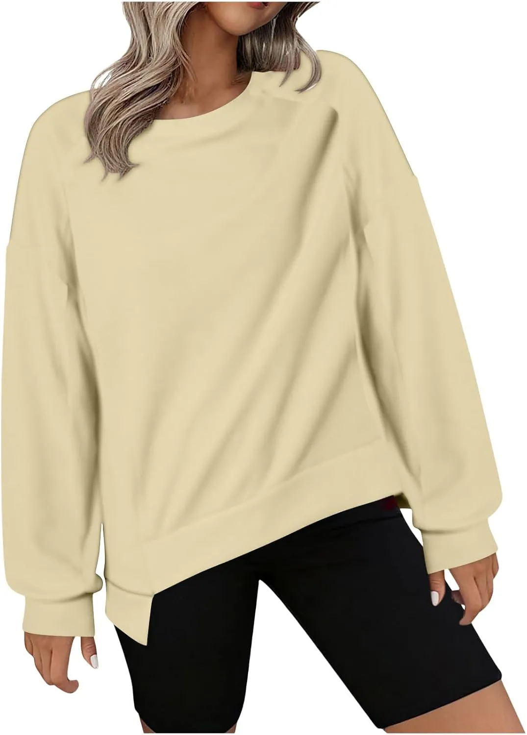 Crewneck Sweatshirt Women 2024 Fall New Solid Long Sleeve Tops Casual Oversize Wide Hem Drop Shoulder Pullover
