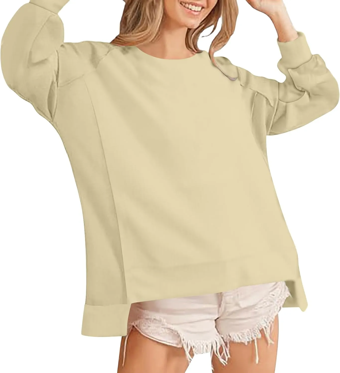Crewneck Sweatshirt Women 2024 Fall New Solid Long Sleeve Tops Casual Oversize Wide Hem Drop Shoulder Pullover