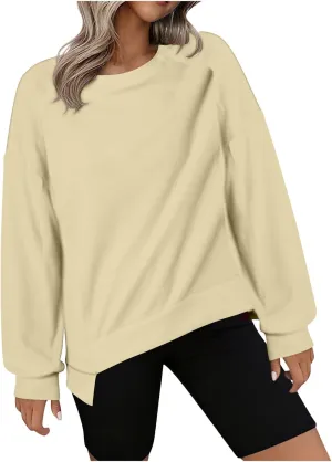 Crewneck Sweatshirt Women 2024 Fall New Solid Long Sleeve Tops Casual Oversize Wide Hem Drop Shoulder Pullover