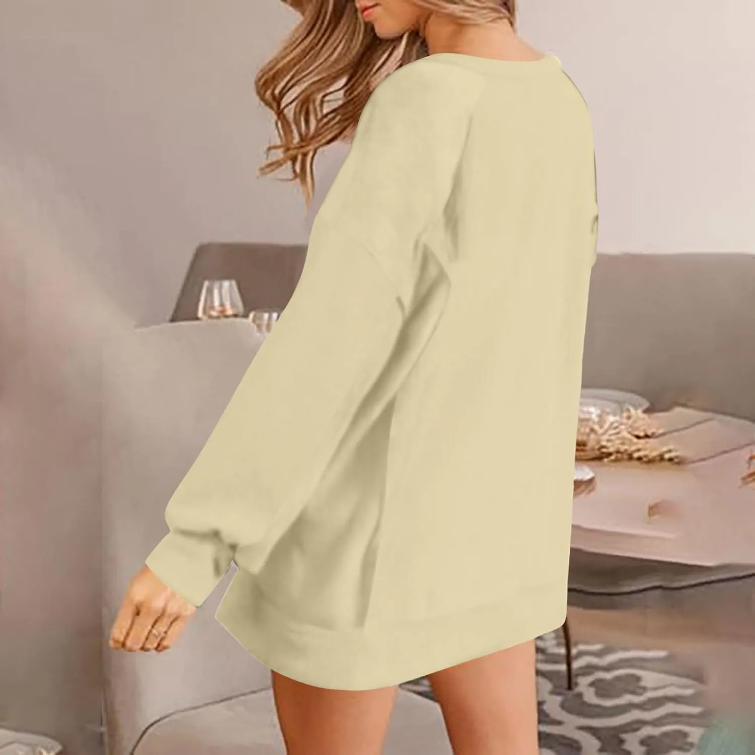 Crewneck Sweatshirt Women 2024 Fall New Solid Long Sleeve Tops Casual Oversize Wide Hem Drop Shoulder Pullover