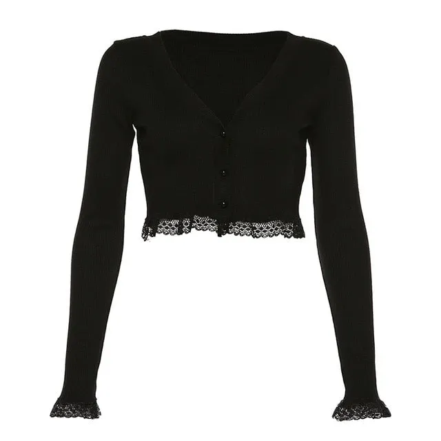 Crop Cardigan With Lace Hem And Cuffs