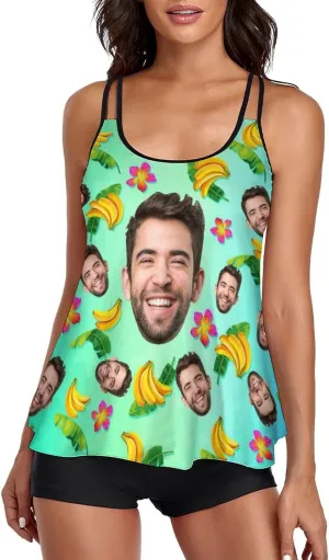 Custom Face on Tankini Swimsuits for Women Plus Size Bathing Suits Amrican Flag Swimming Sports Tank Tops with Boyshorts