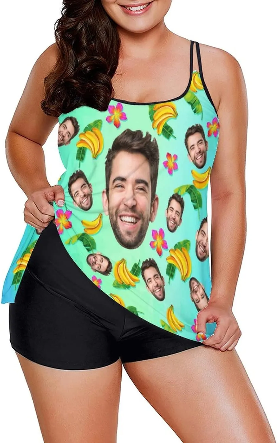 Custom Face on Tankini Swimsuits for Women Plus Size Bathing Suits Amrican Flag Swimming Sports Tank Tops with Boyshorts