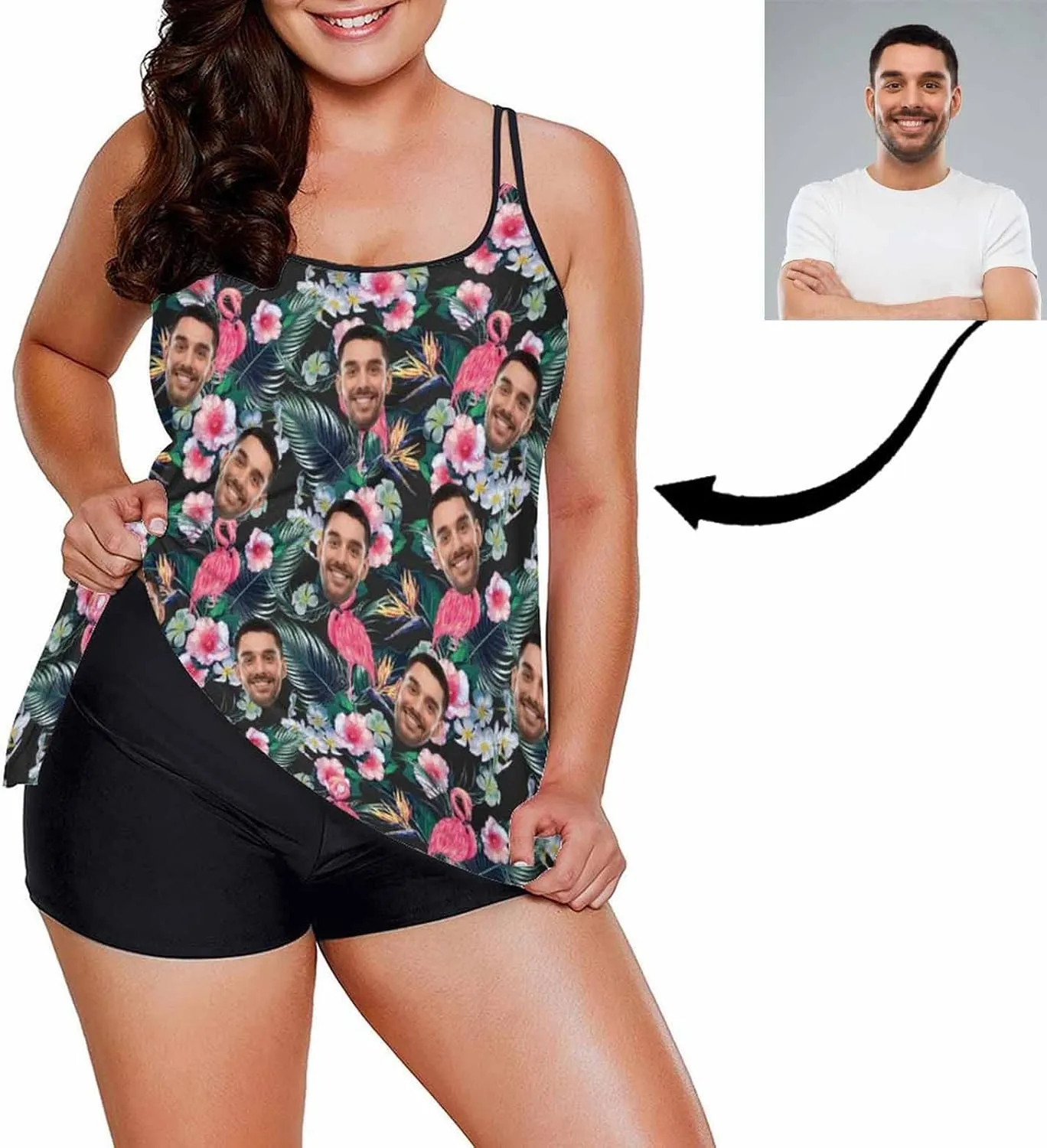 Custom Face on Tankini Swimsuits for Women Plus Size Bathing Suits Amrican Flag Swimming Sports Tank Tops with Boyshorts
