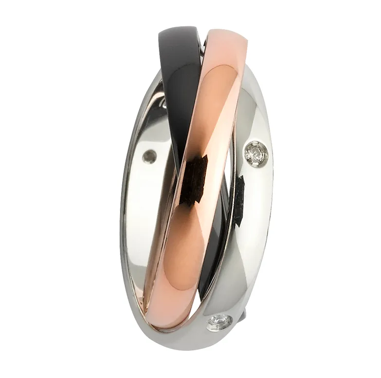 Custom Russian Diamond Women's Wedding Ring - White Gold, Rose Gold & Black Zirconium