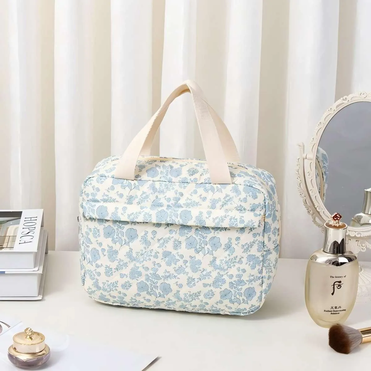 Cute Cotton Makeup Bag for Women Girls, Large Travel Cosmetic Tote, Makeup Organizer with Zipper, Toiletry Pouch, Versatile Purse for Daily Use Travel (Orchid)