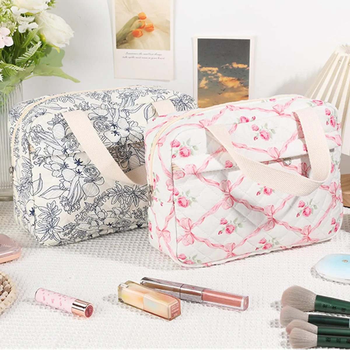 Cute Cotton Makeup Bag for Women Girls, Large Travel Cosmetic Tote, Makeup Organizer with Zipper, Toiletry Pouch, Versatile Purse for Daily Use Travel (Orchid)