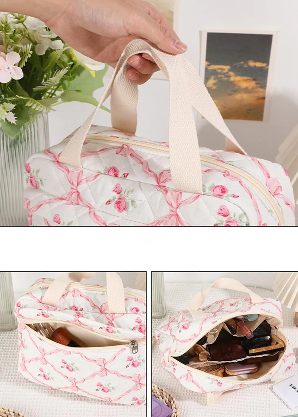 Cute Cotton Makeup Bag for Women Girls, Large Travel Cosmetic Tote, Makeup Organizer with Zipper, Toiletry Pouch, Versatile Purse for Daily Use Travel (Orchid)