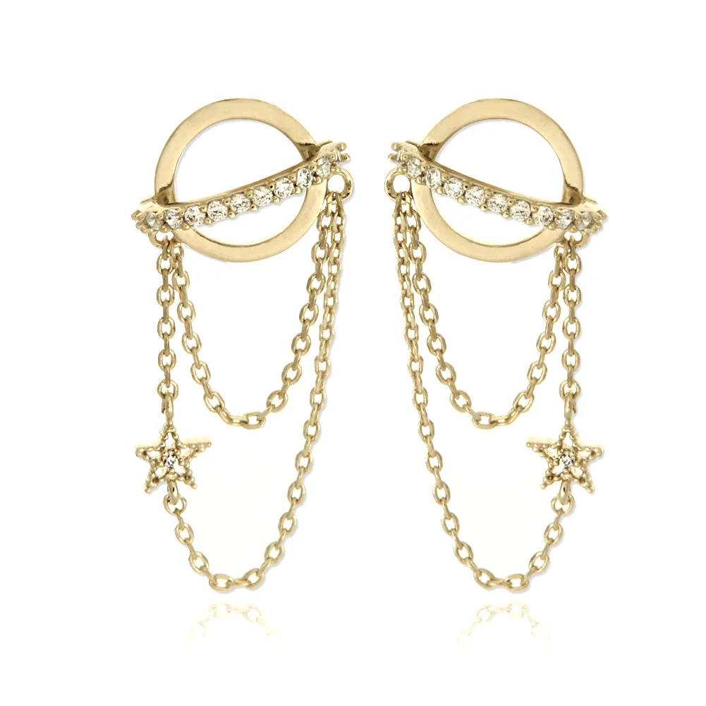 CZ Planet and Tiny Star Chain Drop Earrings