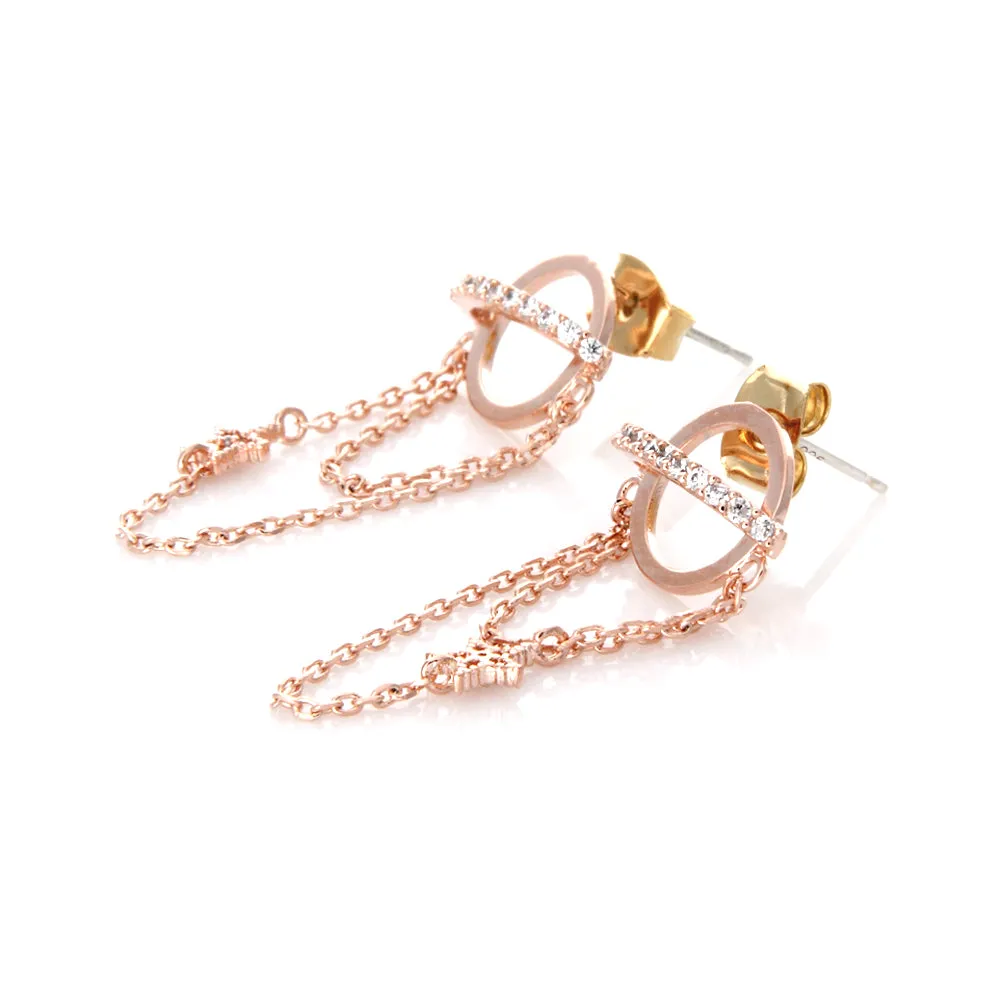 CZ Planet and Tiny Star Chain Drop Earrings