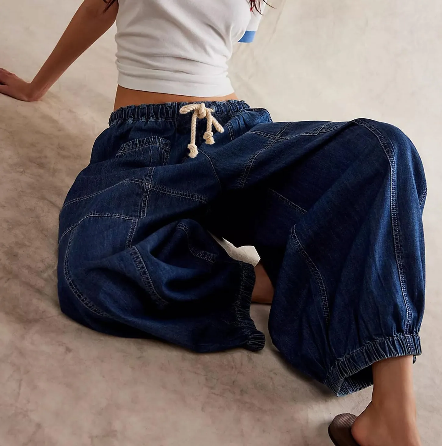 D-Sun Women Casual Loose Mid Rise Barrel Jeans Baggy Vintage Wide Leg Elastic Denim Pants Fashion Boyfriend Jeans