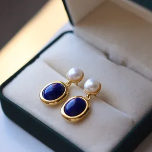 Dark Blue Lapis Lazuli and Pearl Drop Earrings