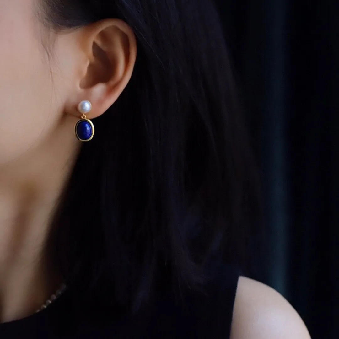 Dark Blue Lapis Lazuli and Pearl Drop Earrings