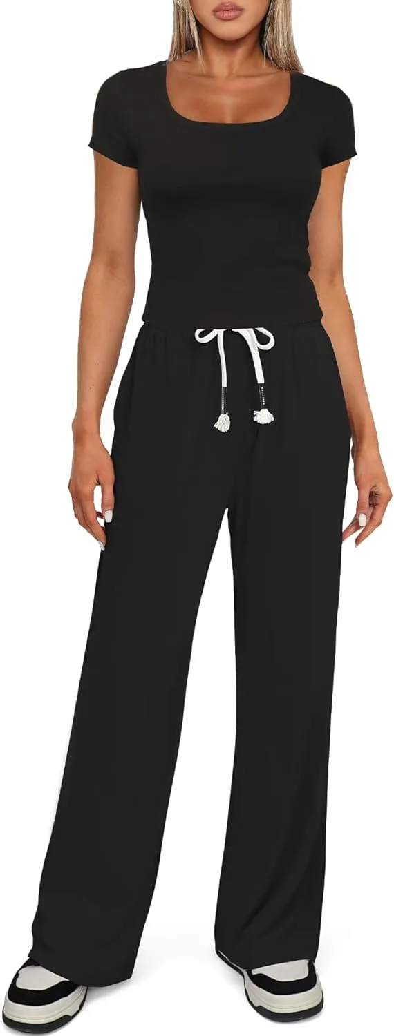 Darong Women's Two Piece Outfit Short Sleeve Scoop Neck T Shirts with Wide Leg Pants Active Tracksuit Lounge Set
