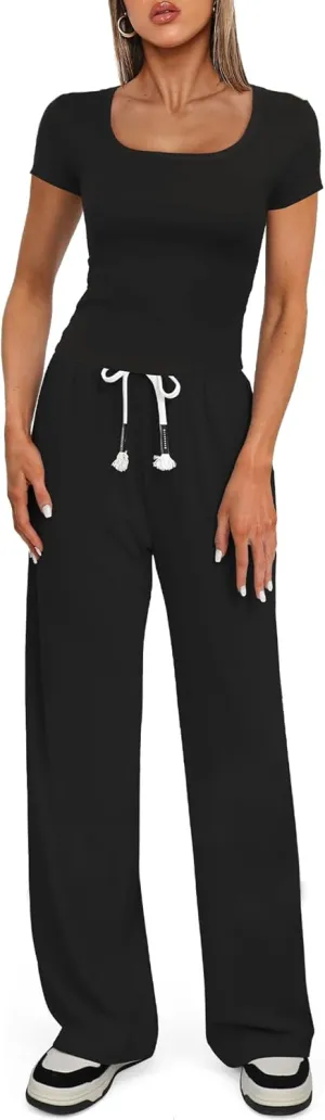 Darong Women's Two Piece Outfit Short Sleeve Scoop Neck T Shirts with Wide Leg Pants Active Tracksuit Lounge Set
