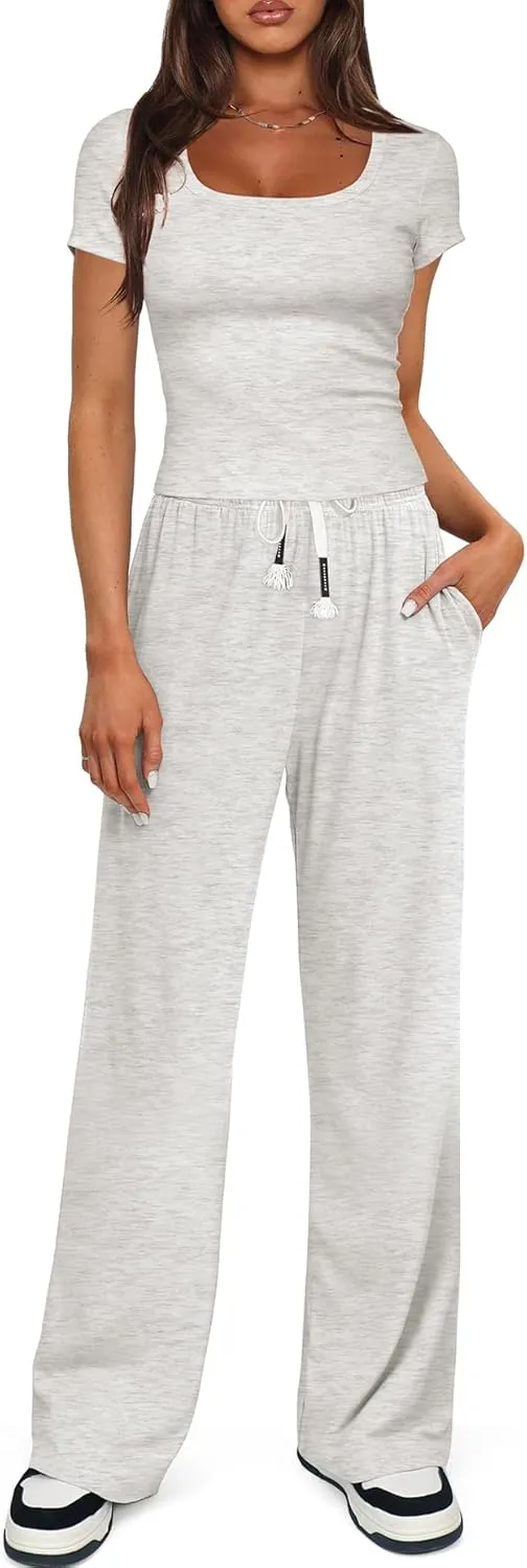 Darong Women's Two Piece Outfit Short Sleeve Scoop Neck T Shirts with Wide Leg Pants Active Tracksuit Lounge Set