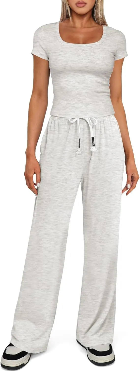 Darong Women's Two Piece Outfit Short Sleeve Scoop Neck T Shirts with Wide Leg Pants Active Tracksuit Lounge Set